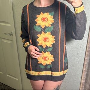 Vintage-Inspired Oversized Sunflower Intarsia Knit Sweater